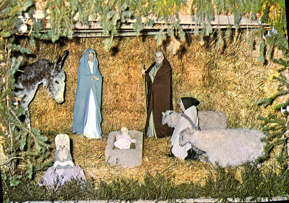 Krippe zur Weihnacht — Szene mit Maria, Josef, dem Jesuskind, Esel, Schafen — Éditions J.P.E. - Maison GEORGET - Vorderseite
