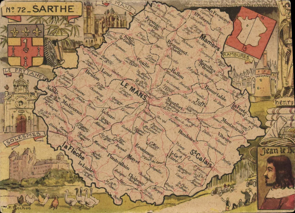 Sarthe — Illustrierte Karte mit Karte und Illustrationen — veröffentlicht von Blondel & Bougery, Paris - Vorderseite