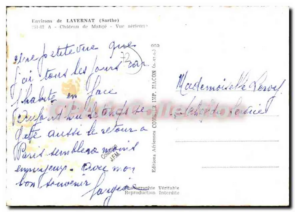 Schloss Mangé — Umgebung von LAVERNAT (Sarthe) — Aérienne Editions COMELER - Rückseite