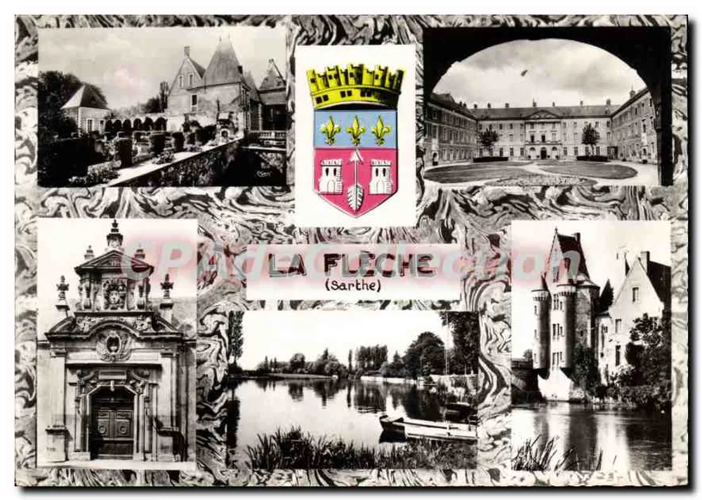 La Flèche (Sarthe) — vista panorâmica com brasão — Compiègne Imp. (S. e L.) - Frente