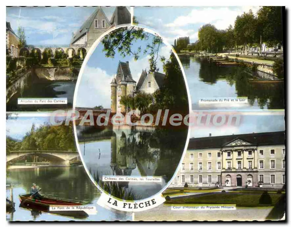La Flèche — Panoramablick mit Schloss, Brücke und Promenaden — Éditions Artaud, Paris - Vorderseite