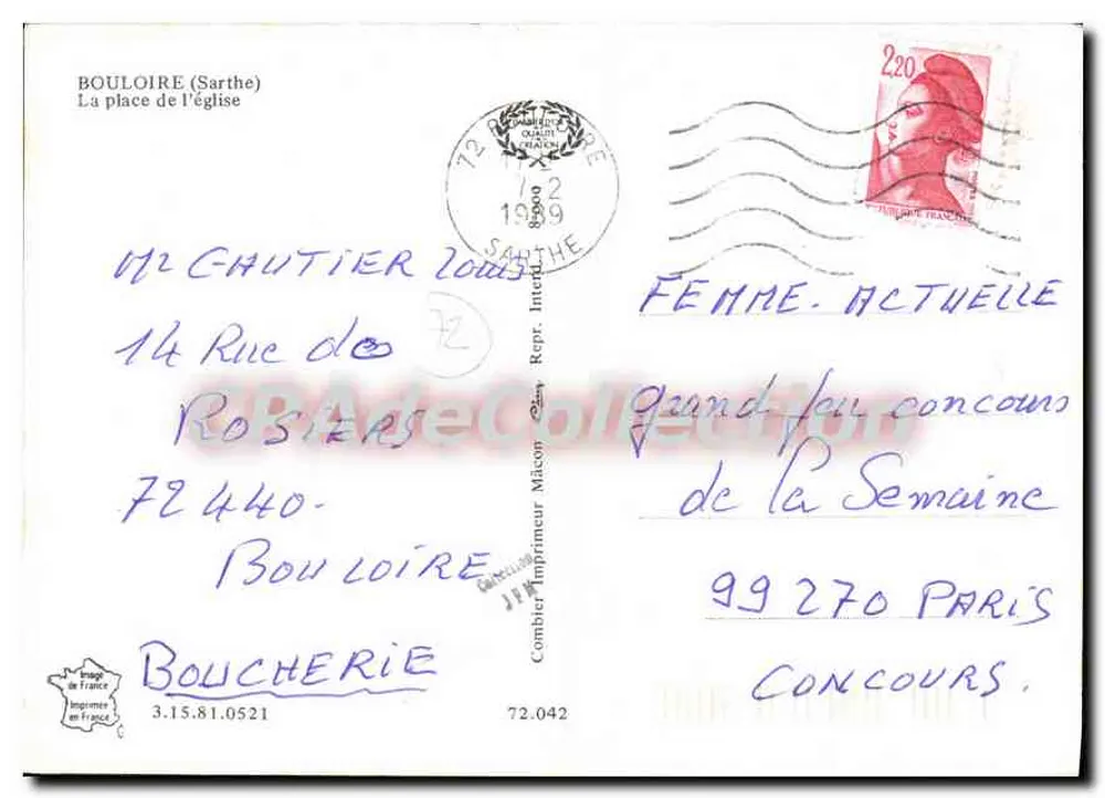 Bouloire (Sarthe) — Place de l'église — Imprimeur Combet - Rückseite