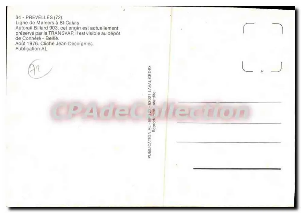 Prévélles (72) — Autorail Billard 903 — Veröffentlichung AL - Rückseite