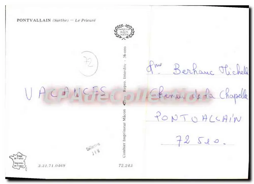 Pontvaltain (Sarthe) — Klasztor — Cambier, drukarz Nâcon - Rewers