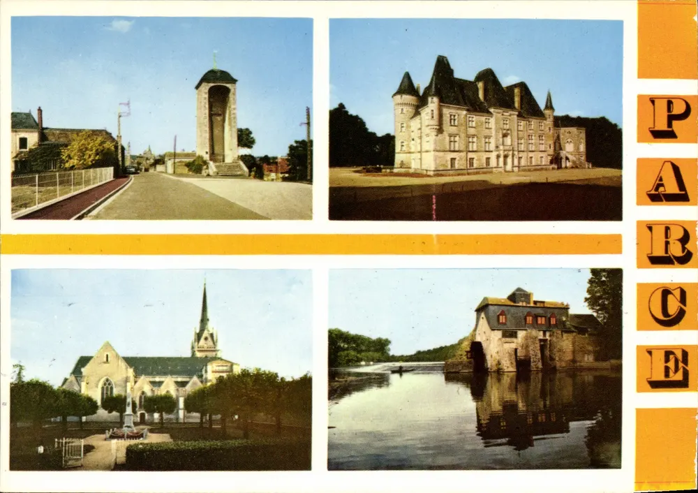 Parce (Sarthe) — Ansicht der Turm, des Schlosses, der Kirche und des Mühlen — Parce - Vorderseite