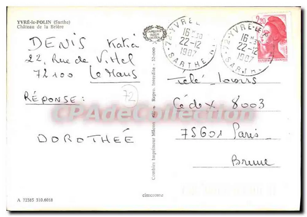 Vivre-le-Polin (Sarthe) — Schloss de la Brière — Vintage Postcard/Antike Ansichtskarte - Rückseite