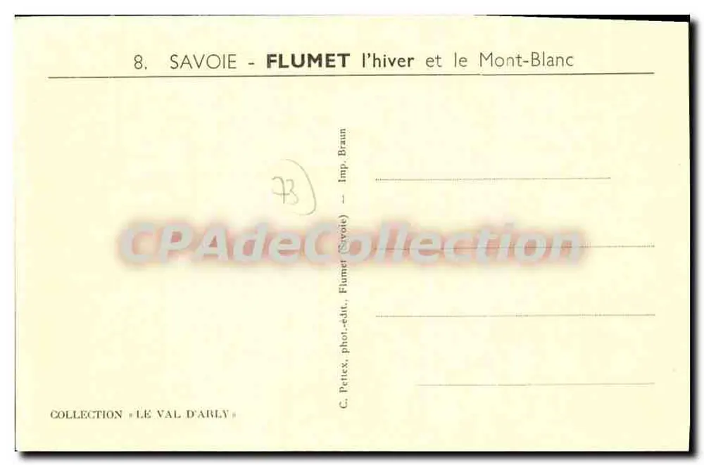 Flumet — Winter und Mont Blanc — C. Pettex, Foto-Verlag Flumet, Sammlung « Le Val d'Arly » - Rückseite