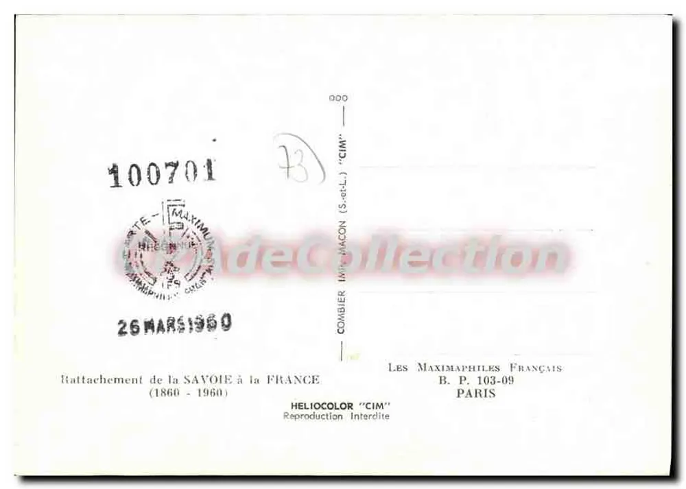 Anschluss der Savoyen an Frankreich — 1860-1960 — Héliocolor "CIM" - Rückseite