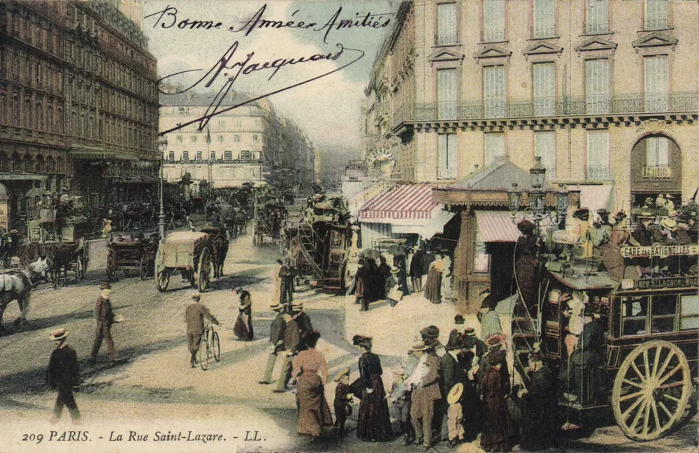 Paris - Rue Saint-Lazare — vista animada com carruagem e mercadorias — LL, n°209 - Frente
