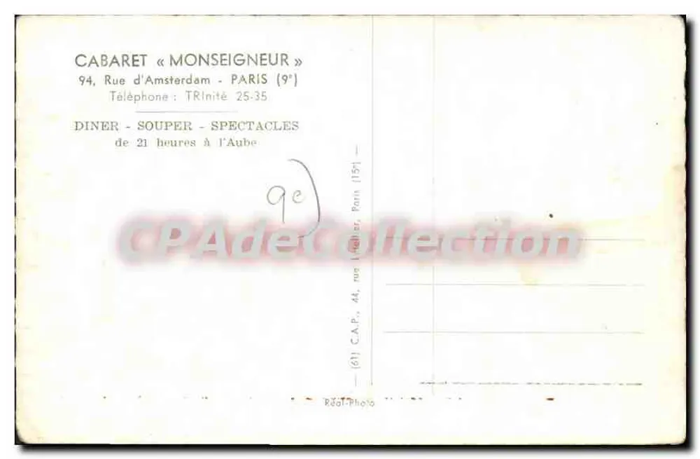 Cabaret « Monseigneur » — Paris 9e — editor C.A.P. (44, rue d'Amsterdam) - Verso