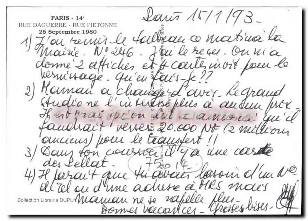 Rue Daguerre, París — mercado animado — Tarjeta postal antigua deCollection - Reverso