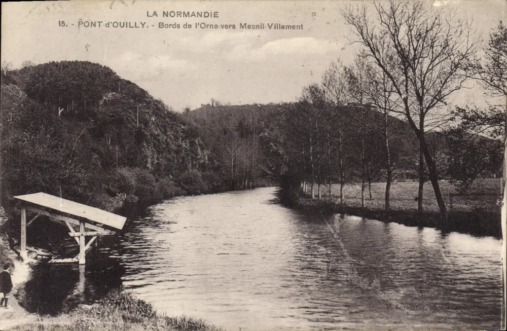 Pont-d'Ouilly — Ufer der Orne bei Mesnil-Villement — P. Lormeau, Lith. A. Léonard, Clermont - Vorderseite