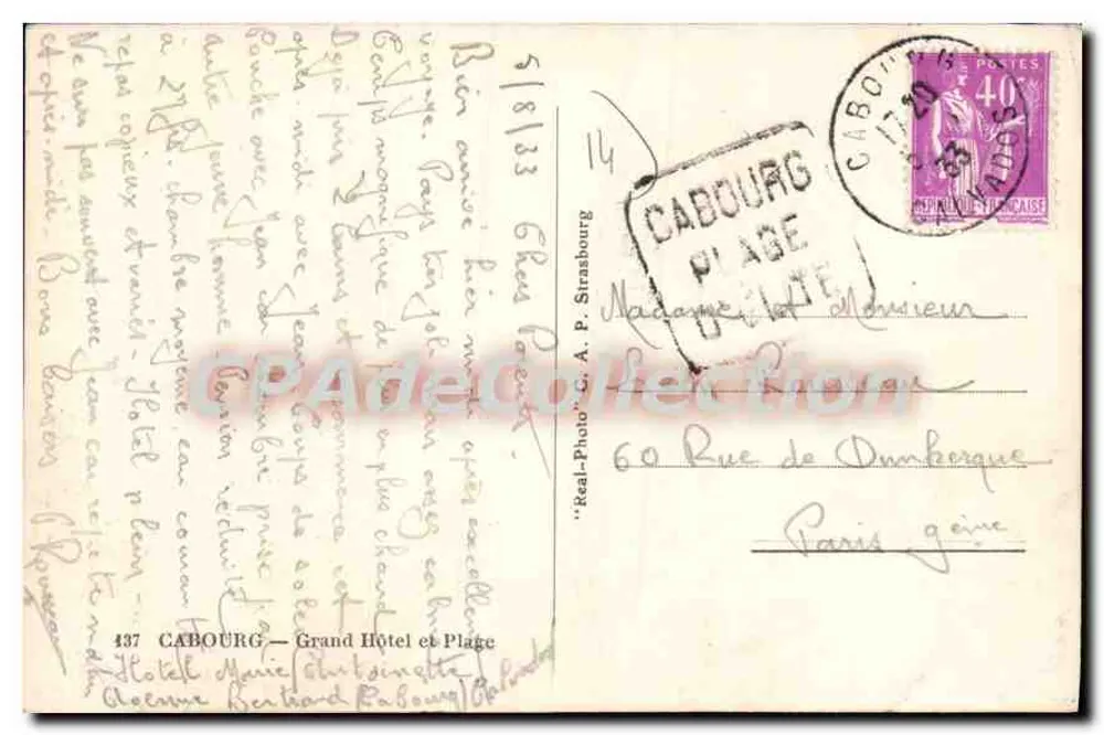 Cabourg — Grand Hôtel e Praia — editor Real-Photo C. A. P. Strasbourg, n° 437 - Verso