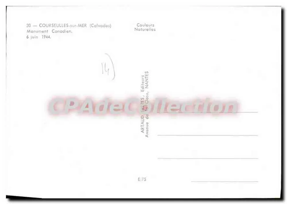 Monumento Canadense — Courseulles-sur-Mer — editor Artaud, Nantes, n° E/75 - Verso
