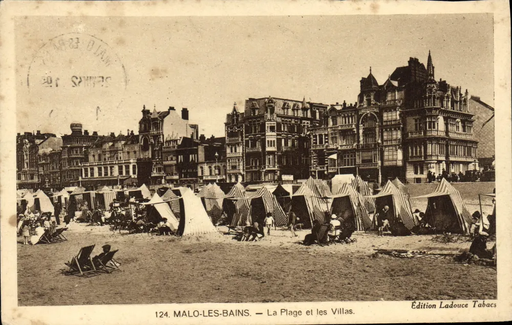 MALO-LES-BAINS — La Plage et les Villas — Édition Ladouce Tabacs, n°124 - Recto