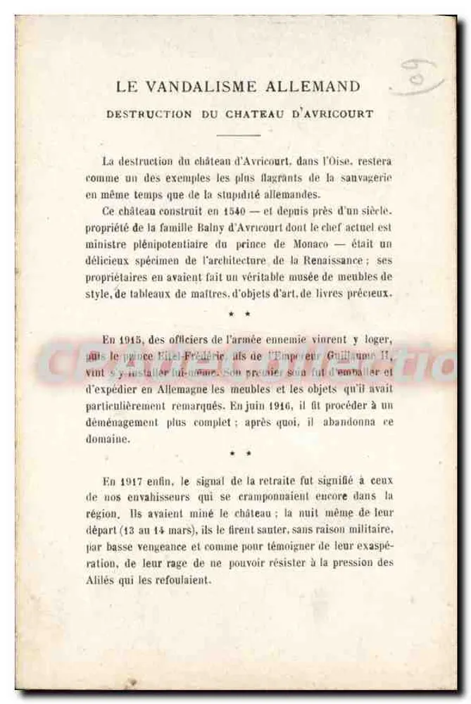 Schloss Avricourt — Zerstörung durch die Deutschen im Jahr 1917 — CPAdeCollection - Rückseite