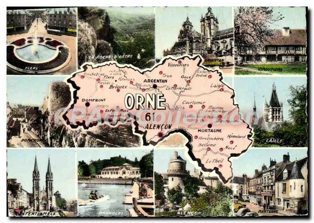 Orne — cartolina panoramica con mappa e viste di località — CPAdéCollection - Recto