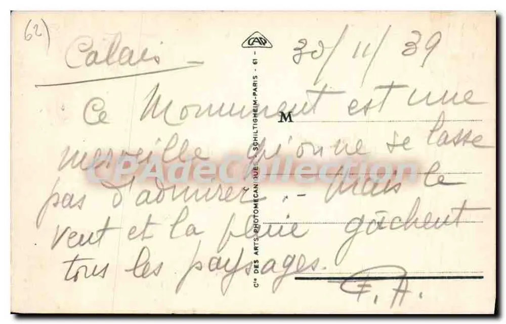 Calais - O Hotel de Ville — editor PICON, n°1 - Verso