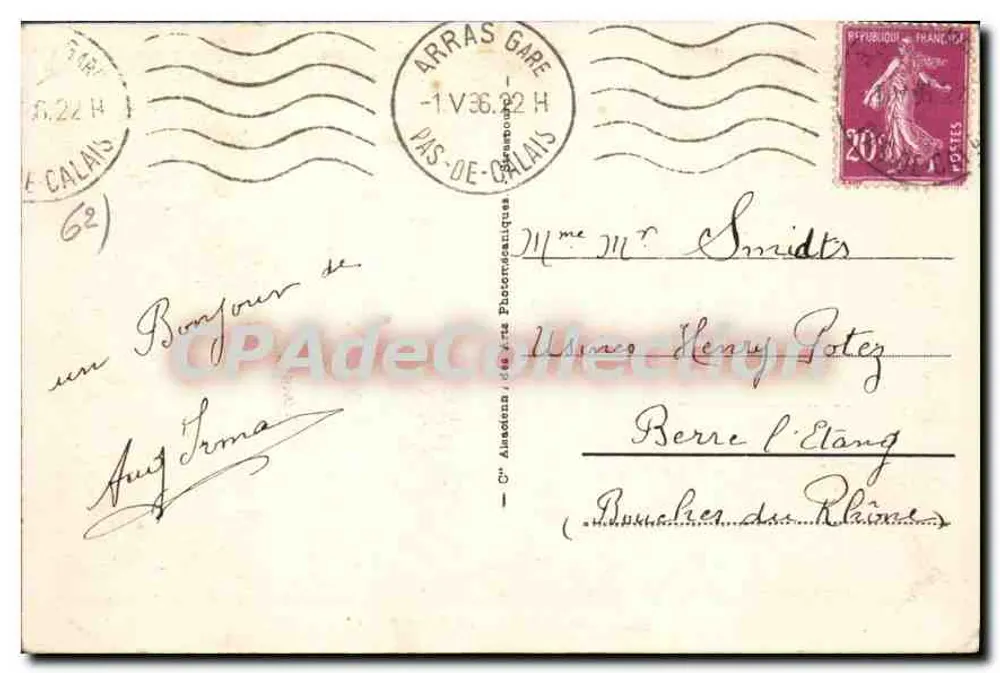Arras - A Petite Place — vista de um portal — editor CPADeCollection, n° 114 - Verso