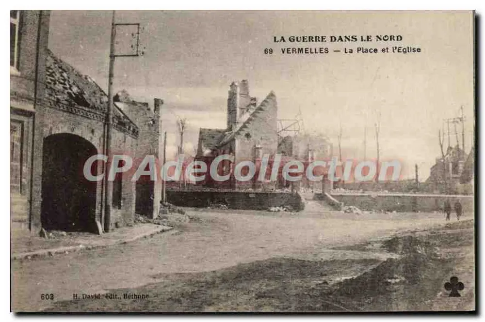 Vermelles — La Plaza y la Iglesia — H. David, edit., Bethune - Anverso