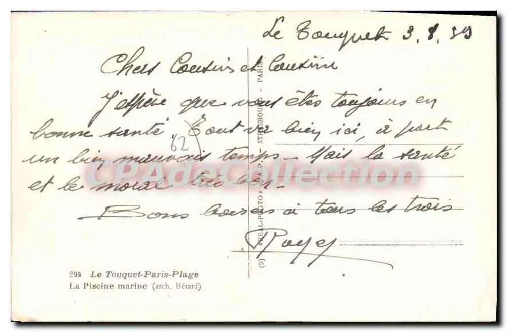 Le Touquet-Paris-Plage — Marine-Pool (arch. Bérard) — Antike Ansichtskarte Nr. 295 - Rückseite