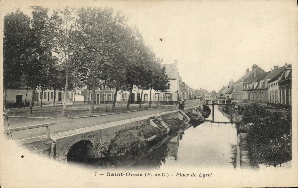 Saint-Omer (P.-de-C.) - Plac Lyzel — widok kanału i mostu — wydawca Cl. B. F. n°7 - Awers