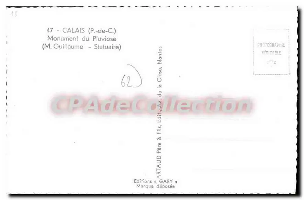 Pluviose-Denkmal — Calais — Verlag Gaby - Rückseite