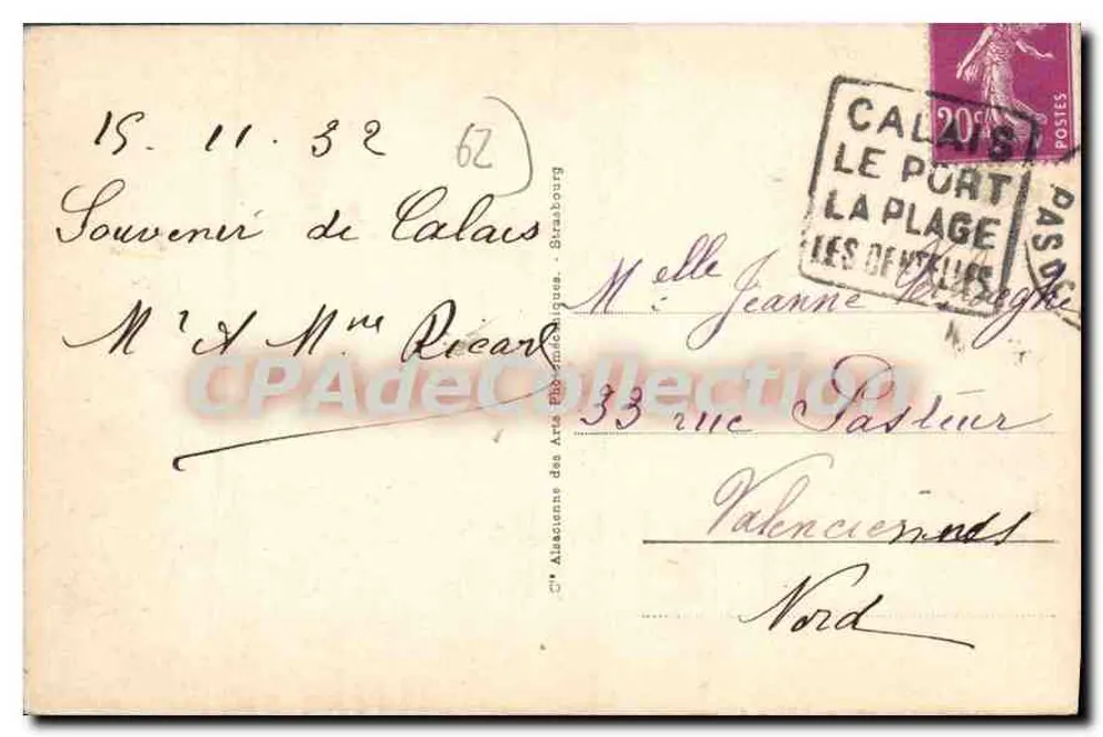 Calais — Pomnik Cuvet — wydawca: Atelier des Arts Photographiques, Brabour - Rewers