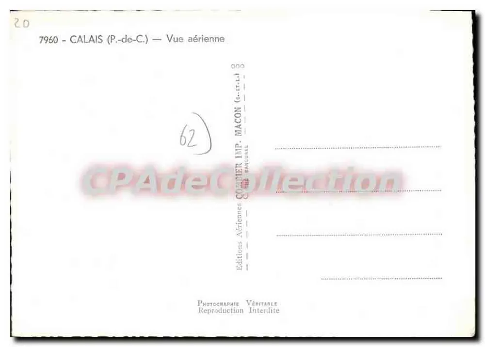 Calais — Vista aérea — Edições Aéreas Imp. Macon - Verso
