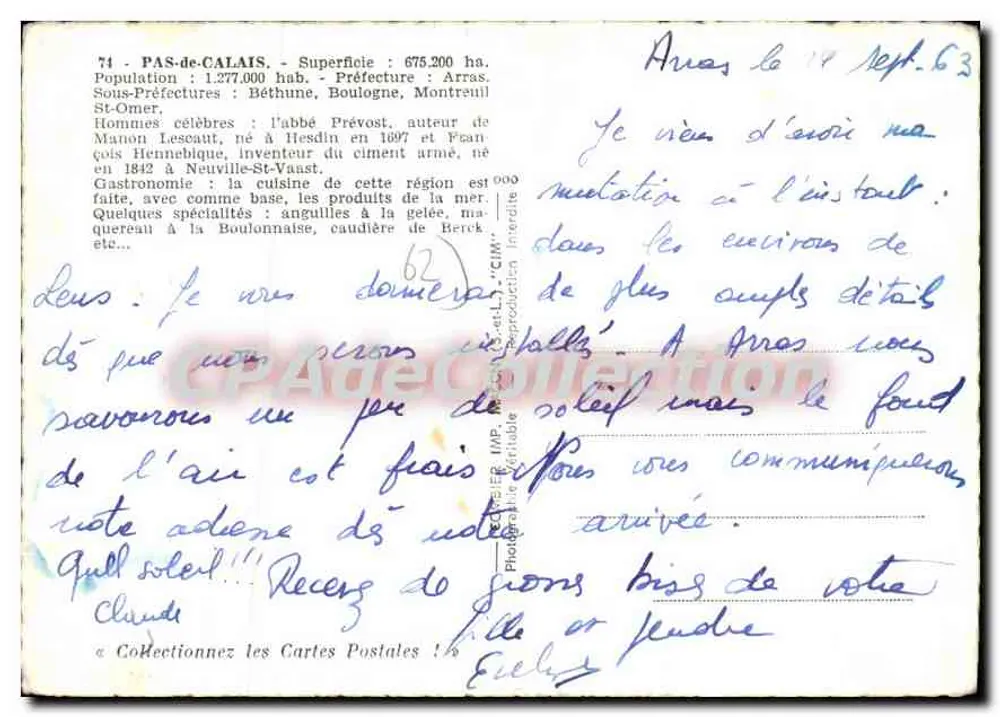 Pas-de-Calais — Touristische Karte mit Karte und Fotos von Orten — unbekannter Verlag - Rückseite