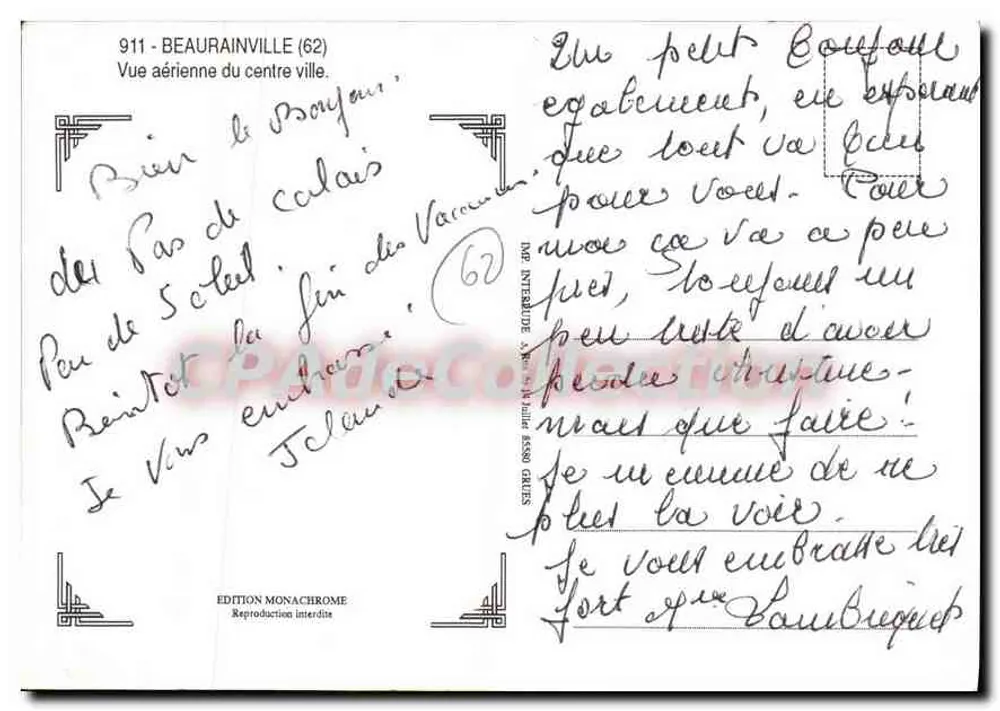 Beaurainville — Luftbild des Zentrums — Edition Monachrome, Nr. 911 - Rückseite