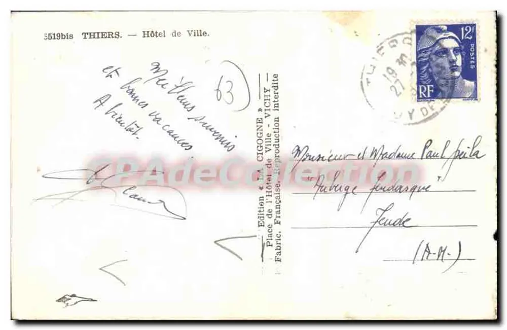 Thiers — Hotel de Ville — A Cegonha - Verso
