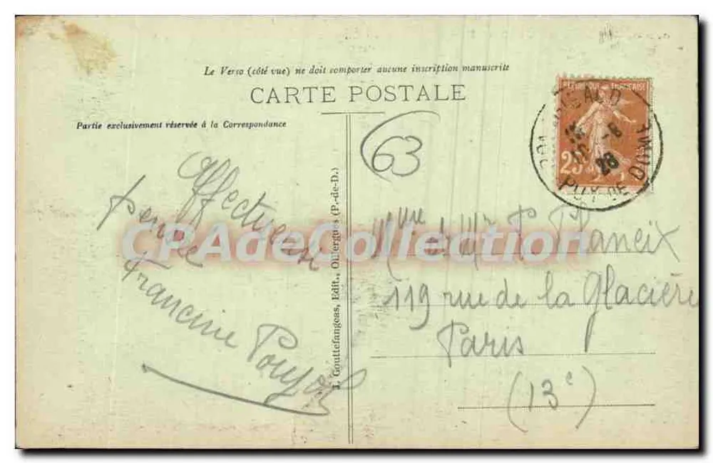 Ponte Gibaud - Castelo Le Pinacle — A Auvergne, editora G. D'O. n° 597 - Verso