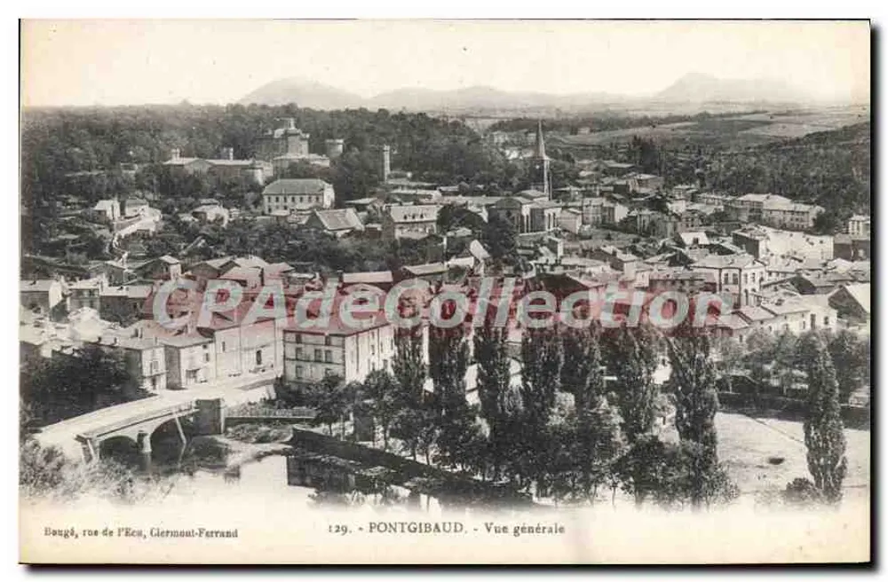 Pontgibaud - Vista geral — vista aérea do vilarejo com igreja e ponte sobre o rio — editor: Bougè, rue de l'Écu, Clermont-Ferrand, n°29 - Frente