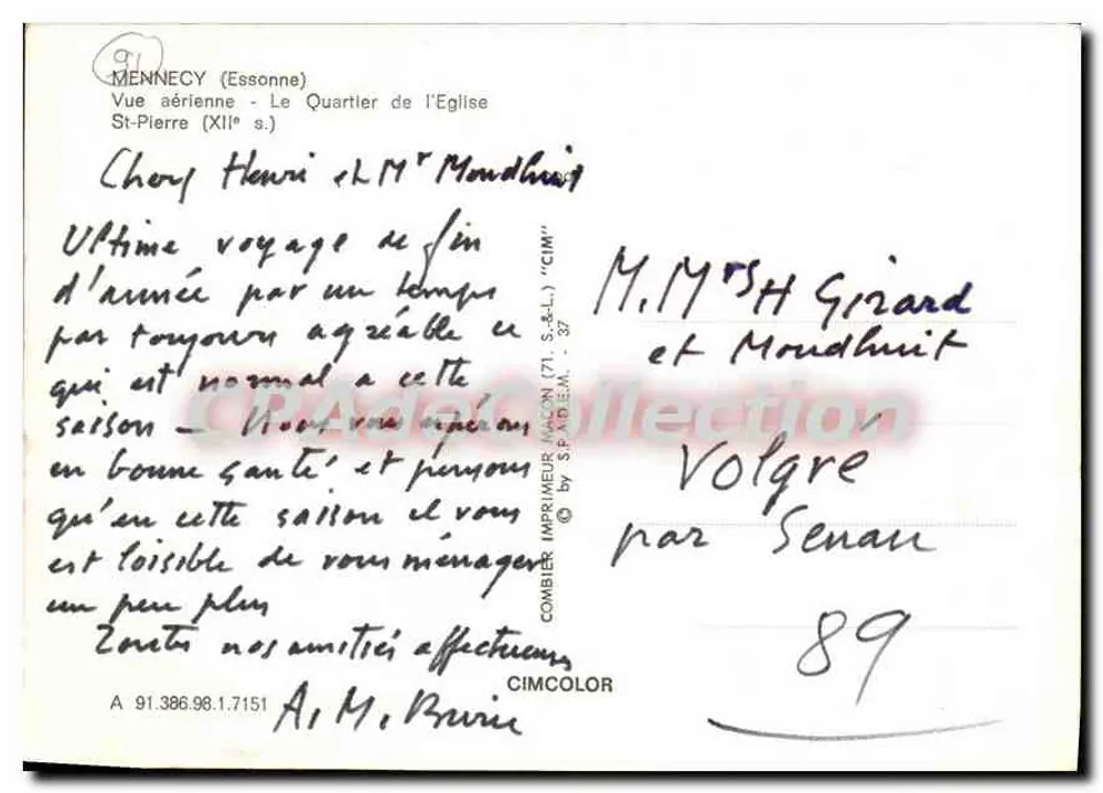 Mennecy (Essonne) — Luftbild des Kirchenviertels Saint-Pierre (12. Jahrhundert) — Drucker Combier (71, S.-L.) - Rückseite
