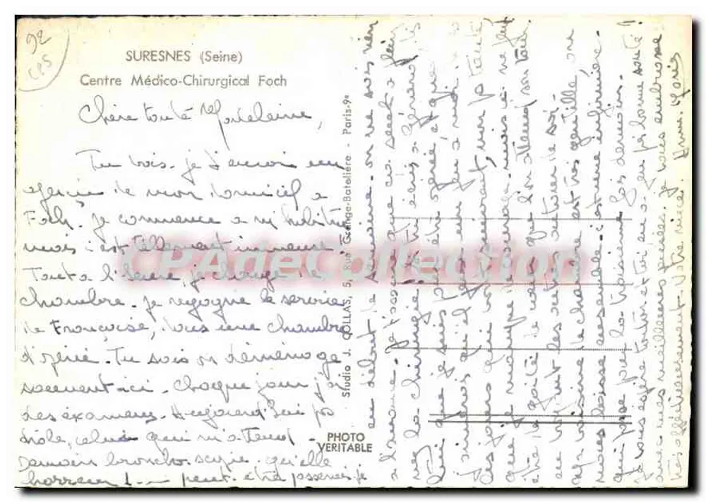 Quarto de hospital — Centro Médico-Cirúrgico Foch, Suresnes (Seine) — Estúdio J. Collas, 5, Rue de l'Ange-Batelière, Paris 9e - Verso