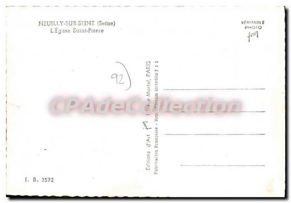 Neuilly-sur-Seine — Igreja de São Pedro — Edições d'Art Mortel, Paris - Verso