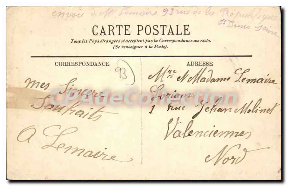 Bilhete postal antigo Saint-Denis — O Hôtel-de-Ville — LL. — Editor LL, n° 65 - Verso