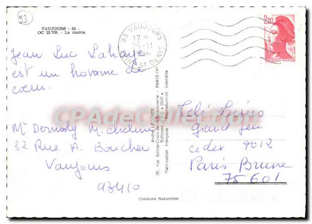 Prefeitura de Vaujours — editor André Lecante, n° 93 - Verso