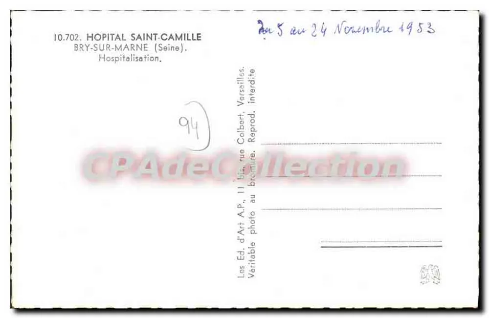 Krankenhaus Saint Camille — Bry-sur-Marne (Seine) — Verlag d'Art A.P. - Rückseite