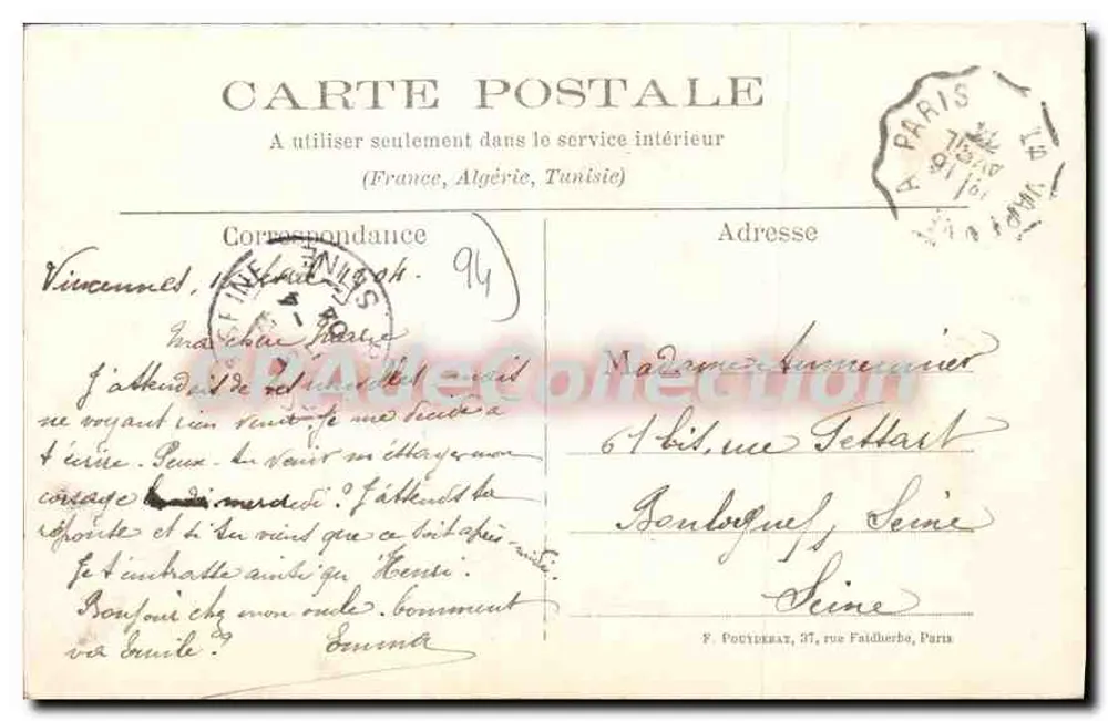Vincennes — Fort Neuf — Artillerieviertel — F. Pouyderat, Verleger - Rückseite