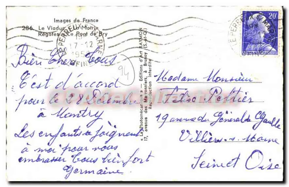 Le Perreux — Panoramablick mit Brücke, Rathaus und Segelbooten — Éditions d'Art Raymon, Nr. 286 - Rückseite