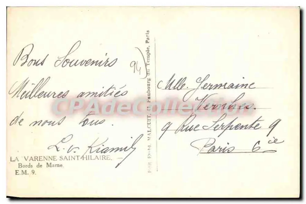 Ufer der Marne — La Varenne-Saint-Hilaire — Verleger E.M. 9 - Rückseite