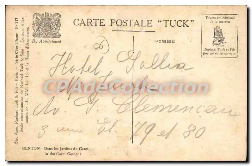 Menton — Jardins do Caret — Estátua equestre — editor Tuck & Fils, série n°117 - Verso