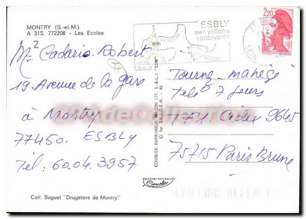 Escola de Esbly — Monumento aos Mortos — Carta postal do editor Cuing - Verso