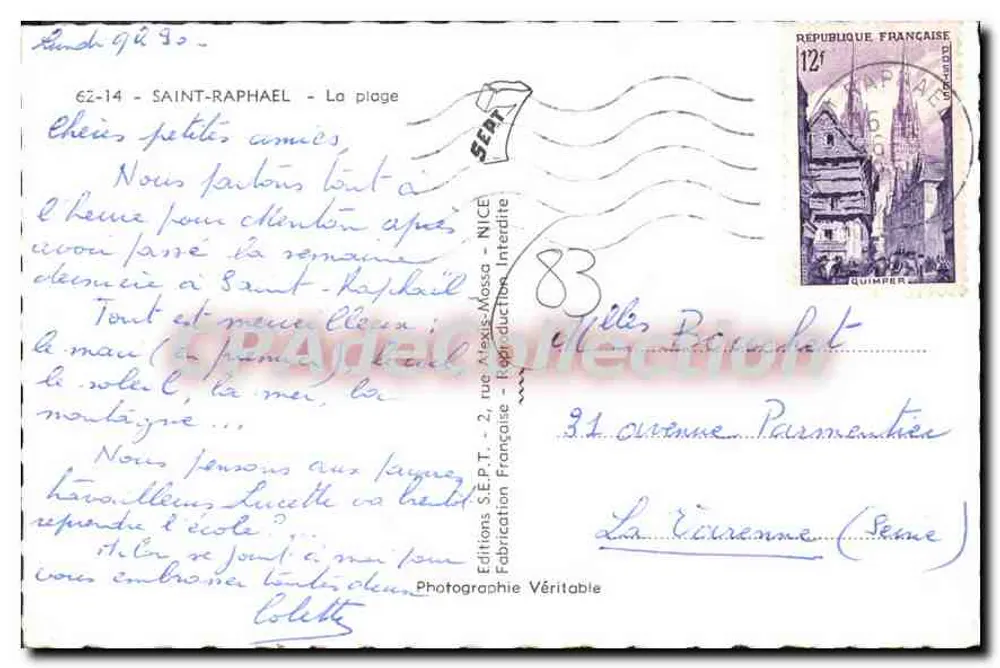 Praia de Saint-Raphaël — Hotel Les Algues — Edições Sé.P.T. - 2, rue Alsace-Lorraine - Verso