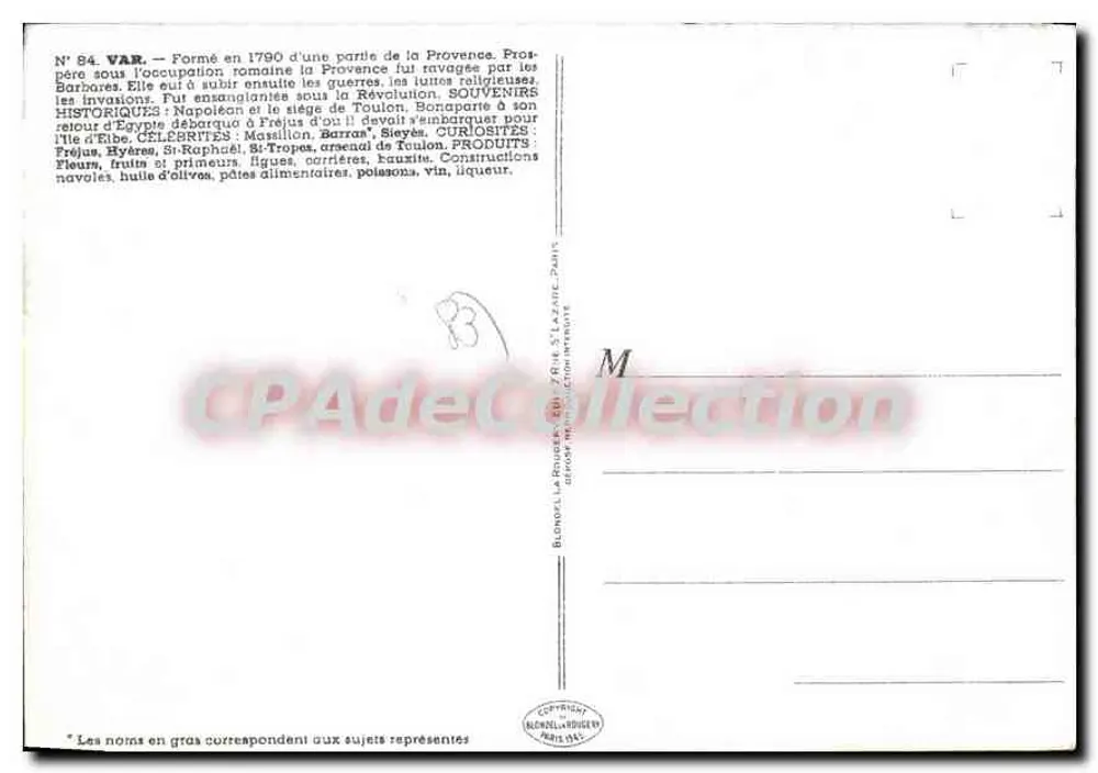 Var — N°84 — Editor Blondel-Larousse, Paris - Verso