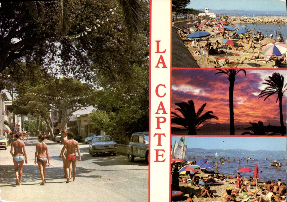 La Capte — vista da praia, rua arborizada e pôr do sol — Edições do Templo, Toulon - Frente