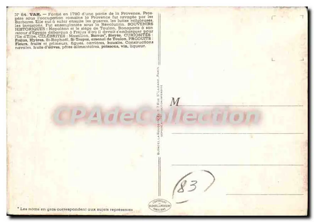 Var — Carte postale illustrée avec carte géographique et illustrations locales - Verso