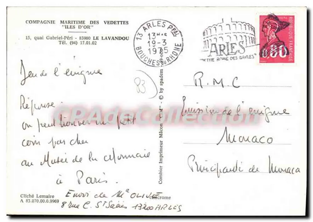 Boot der Seefahrtsgesellschaft der Launches — Îles d'Or — Arles, 1935 - Rückseite